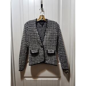 Ann Taylor Tweed Cardigan Black White Silver Shimmer Women's Size XXS